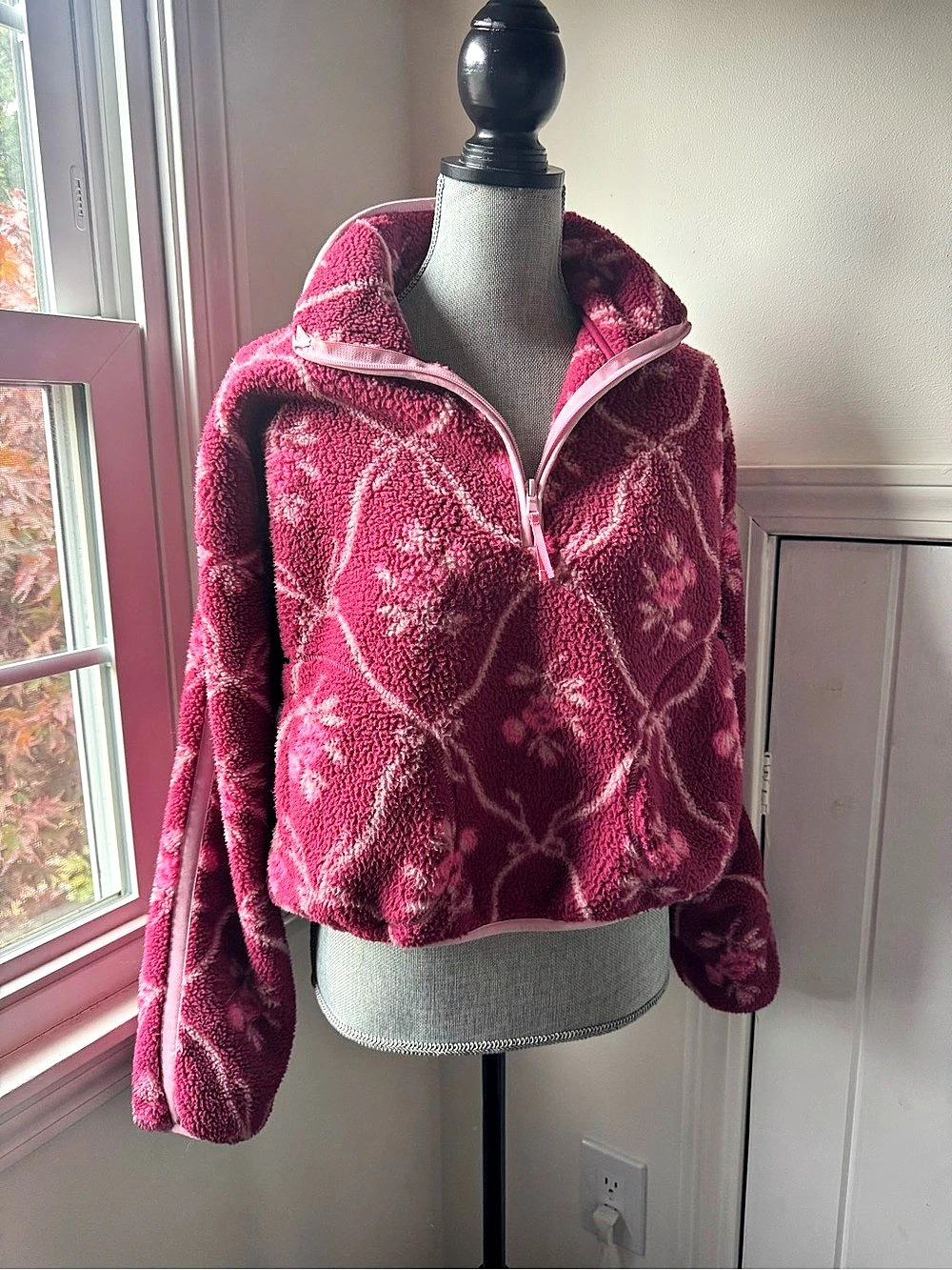 Old Navy Pink Floral Bow Quarter-Zip Fleece Jacket Size Medium